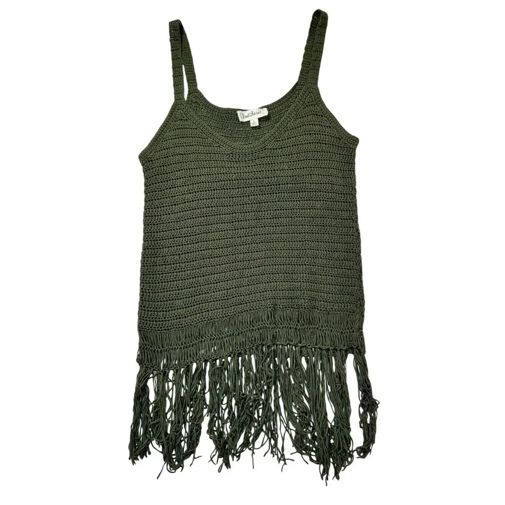 Olive Green Crochet Fringe Hem Tank Top Boho Festival Knit Women's Small Indie - Picture 1 of 11